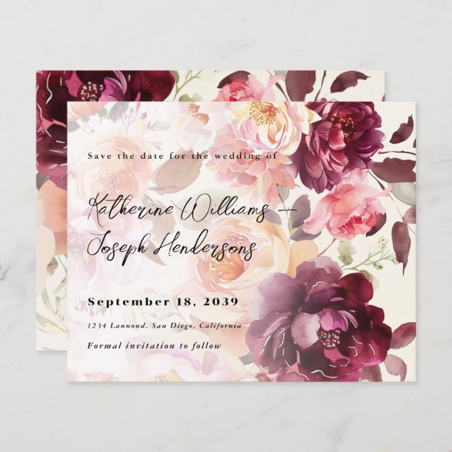 Buquê Floral Burgundy Casamento Salve a Data (Frente/Verso)