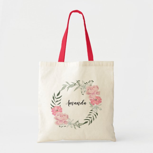 Buquê floral de aquarela, bolsa tote personalizada (Frente)