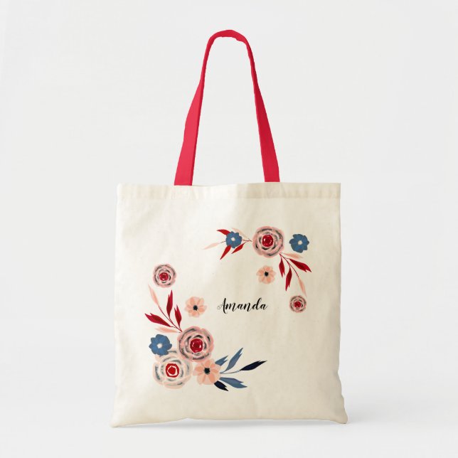 Buquê floral de aquarela, bolsa tote personalizada (Frente)