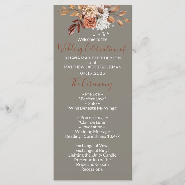 Buquê Floral de Outono Cinza Programa de Casamento (Frente)