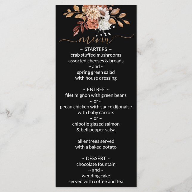 Buquê Floral de Outono Menu de Casamento Preto (Frente)