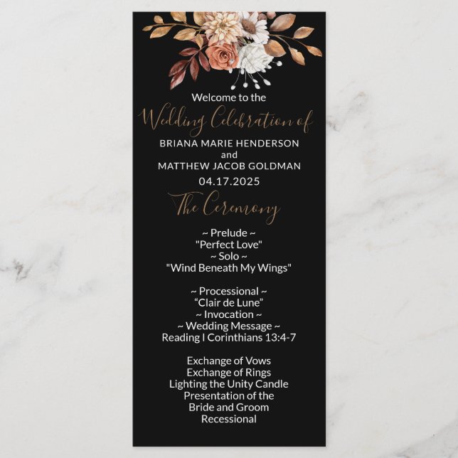 Buquê Floral de Outono Programa de Casamento Preto (Frente)