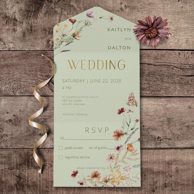 Buquê Verde de Flor Selvagem Moderno Sem Janto (Modern Sage Green Wildflower Bouquet All In One Wedding Invitation without Dinner Options)