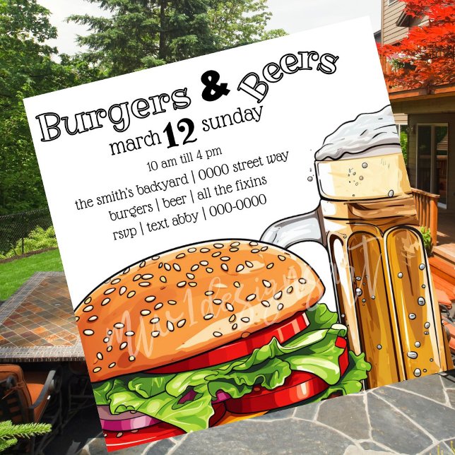 Burgers de quintal e verão de cerveja | Convite pa (Big burger | big beer spring and summer celebrations and party invitations to customize.  )