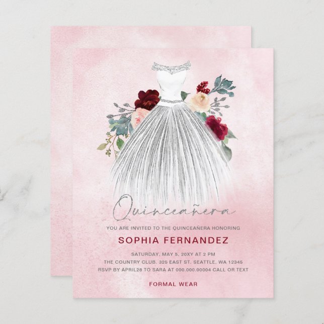 Burgundia de Orçamento Vestido da Prata Quinceañer (Frente/Verso)