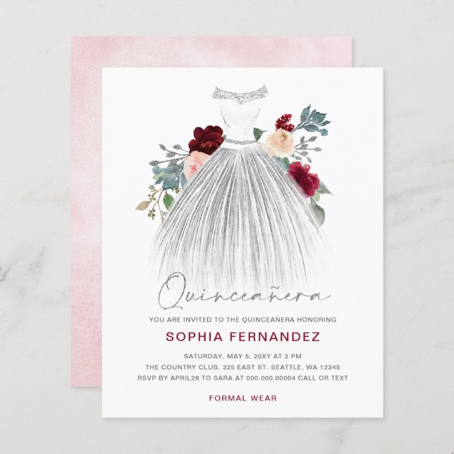 Burgundia de Orçamento Vestido da Prata Quinceañer (Frente/Verso)