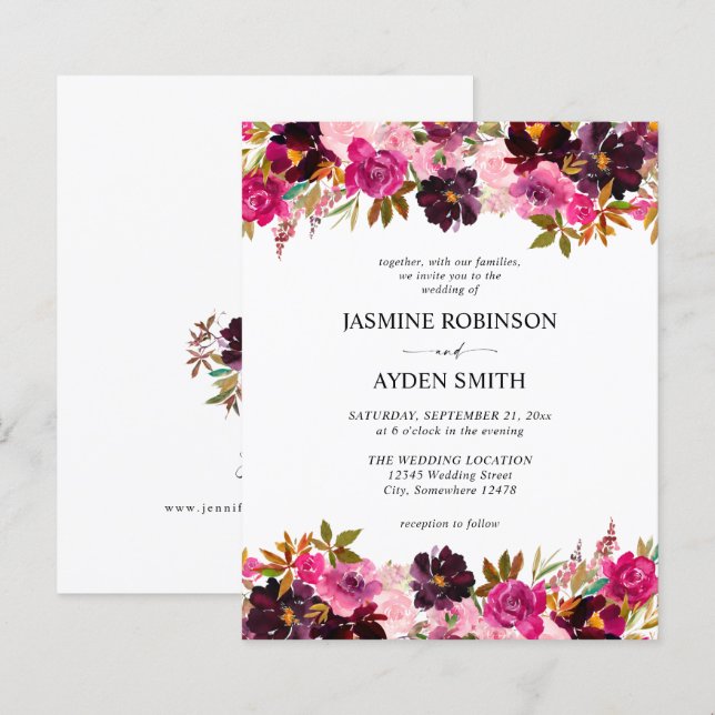 Burgundia Orçamental, Casamento Floral Rosa e Roxo (Frente/Verso)