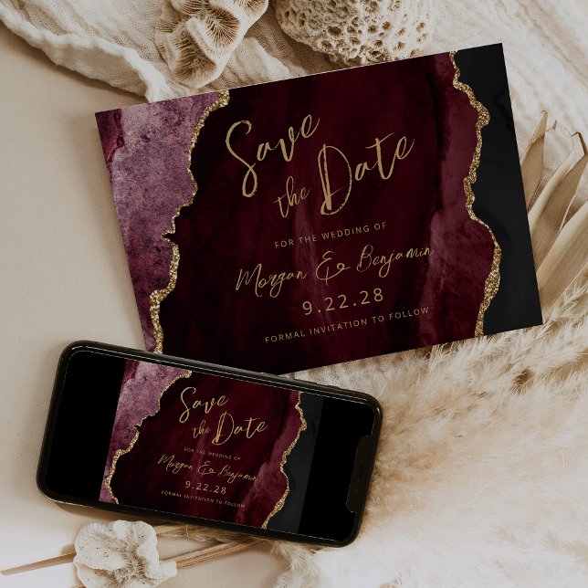 Burgundy Agate Script Convite de Noivado Save the  (Criador carregado)