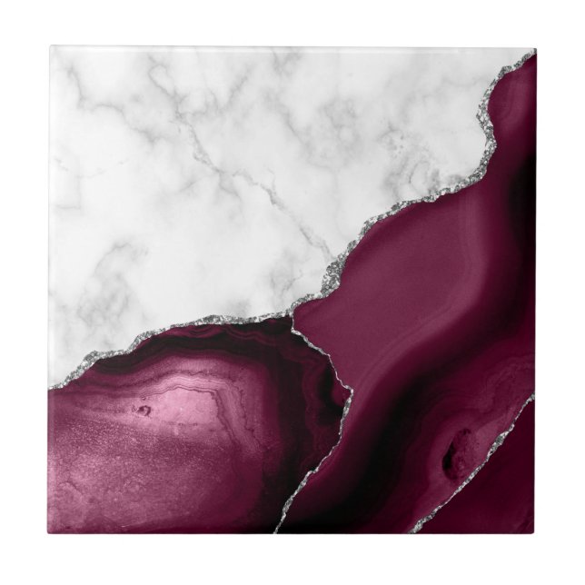 Burgundy Agate Silver Glitter White Marble (Frente)