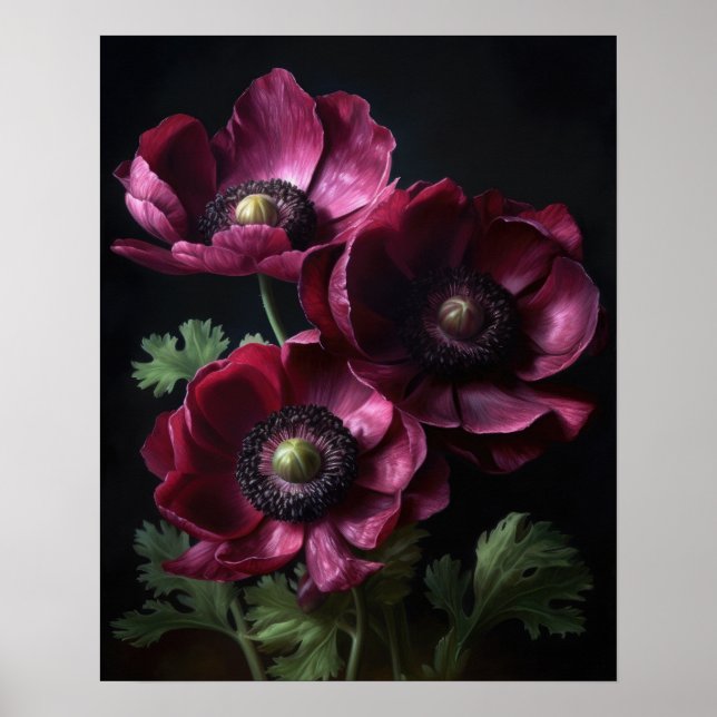 Burgundy Anemone Flowers Art Impressão Poster (Frente)