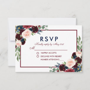 Burgundy Blue Watercolor Casamento Floral RSVP