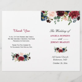 Burgundy Blush Blue Floral Folding Wedding Program
