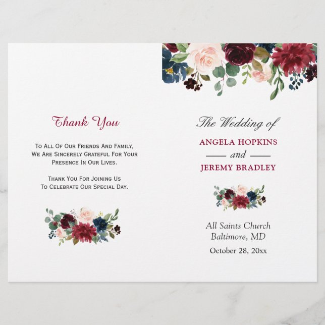 Burgundy Blush Blue Floral Folding Wedding Program (Frente)