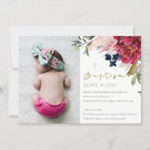 Burgundy Blush Blue Floral Foto Baptism Convite