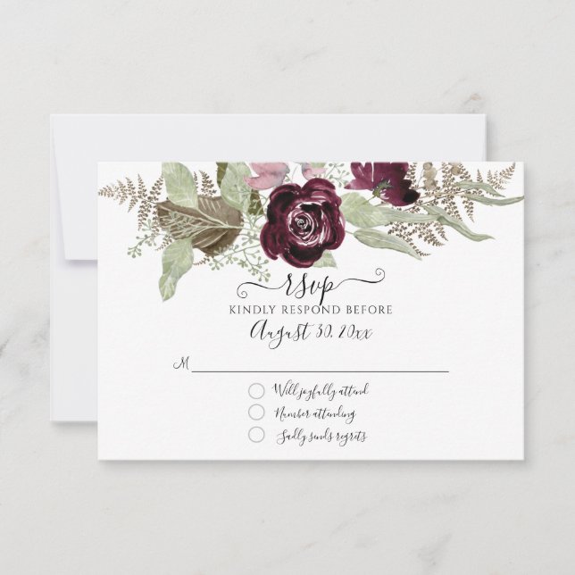 Burgundy Blush Floral Elegante Casamento RSVP (Frente)