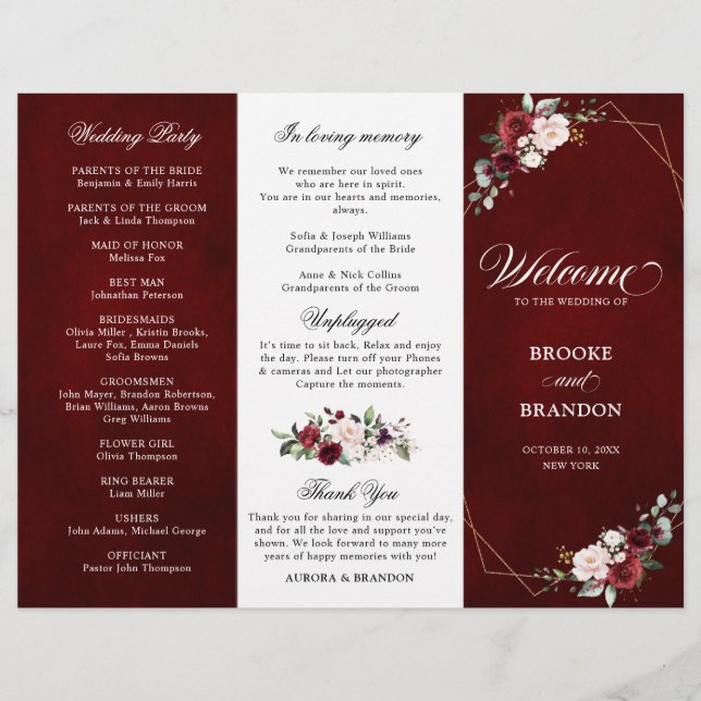 Burgundy Blush Floral Modern Weding Program (Frente)