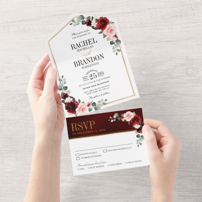 Burgundy Blush Floral Moderno Casamento Geométrico (Tearaway)