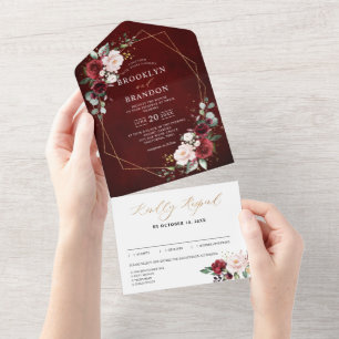 Burgundy Blush Floral Moderno Casamento Geométrico