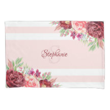 Burgundy Blush Floral Stripes Monograma Nome