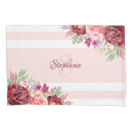 Burgundy Blush Floral Stripes Monograma Nome