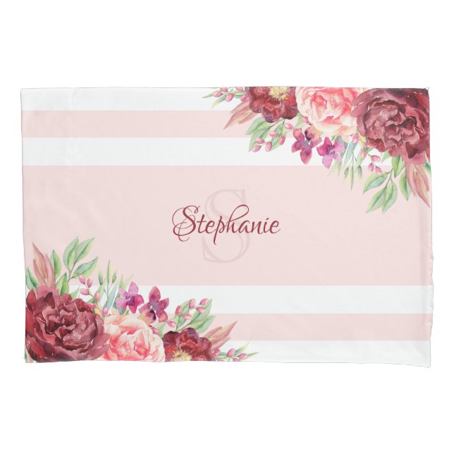 Burgundy Blush Floral Stripes Monograma Nome (Frente)
