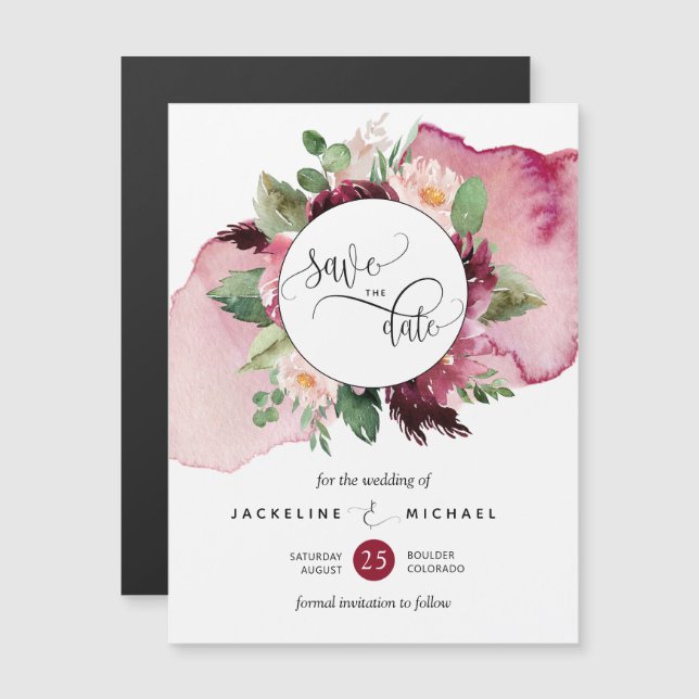 Burgundy Blush Floral Weding The Date Magnet (Frente/Verso)