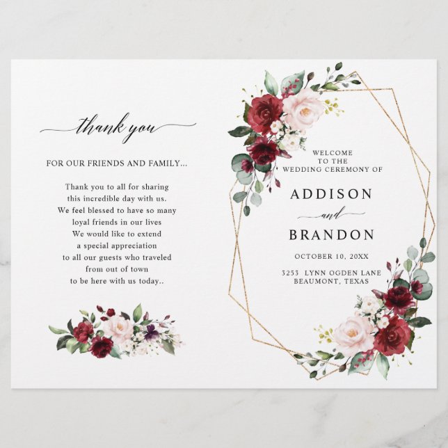 Burgundy Blush Modern Geometric Wedding Program (Frente)