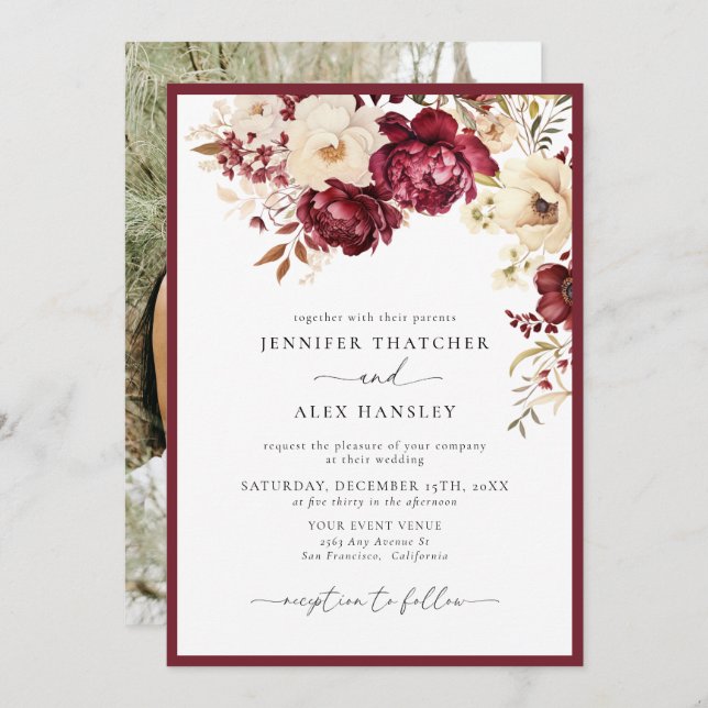 Burgundy Botanical | Convite de casamento de Fotog (Frente/Verso)