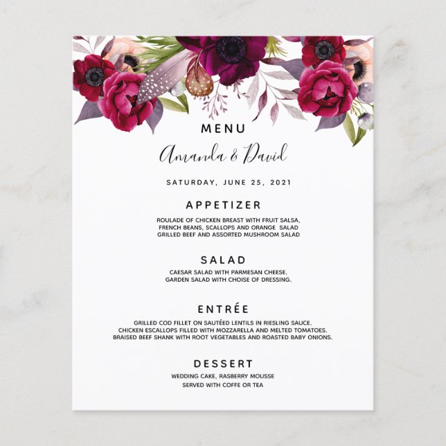 Burgundy Branca floral do Menu Casamento (Frente)