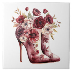 Burgundy Cream Floral Boots