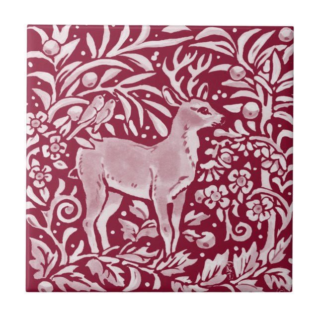Burgundy Deer Buck Birds Woodland Animal (Frente)
