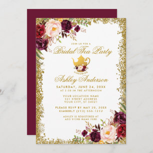 Burgundy Dourada Glitter Bridal Tea Party Convite