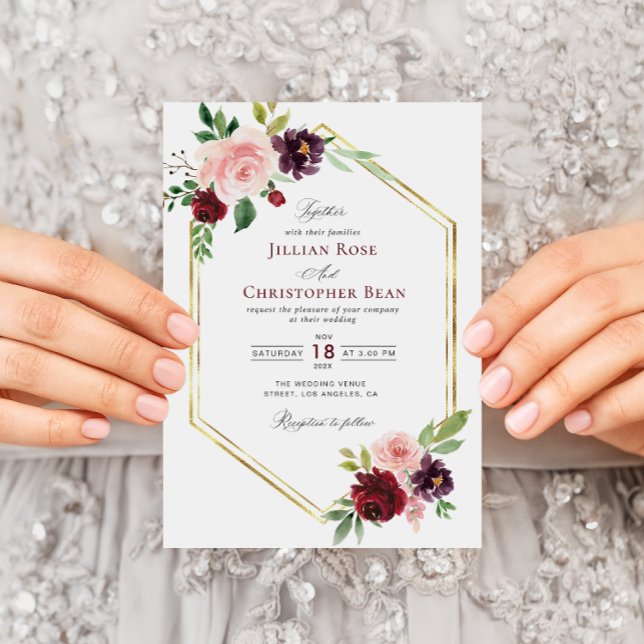 Burgundy e blush convite para casamento floral (Criador carregado)