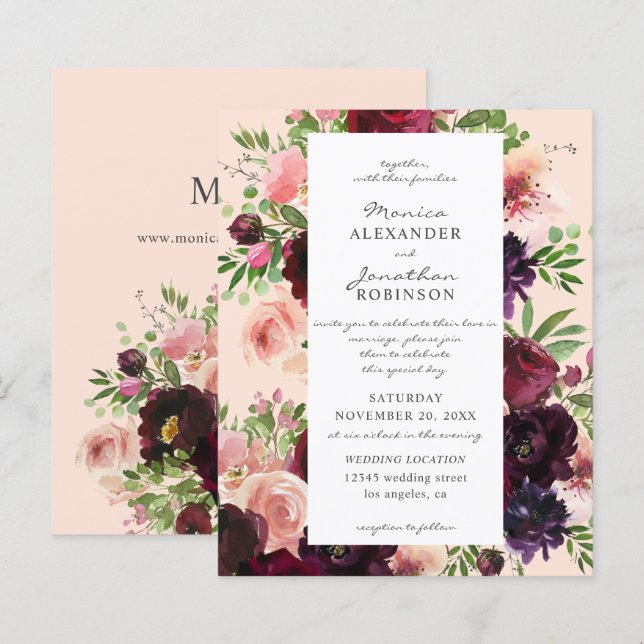 Burgundy e Blush Floral Casamento a Rosa (Frente/Verso)
