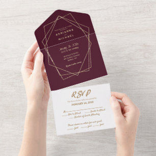 Burgundy e Dourado tudo em um convite de casamento