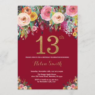 Burgundy Floral 13 Aniversário Convite Dourado