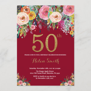 Burgundy Floral 50º Convite de Aniversário Dourado