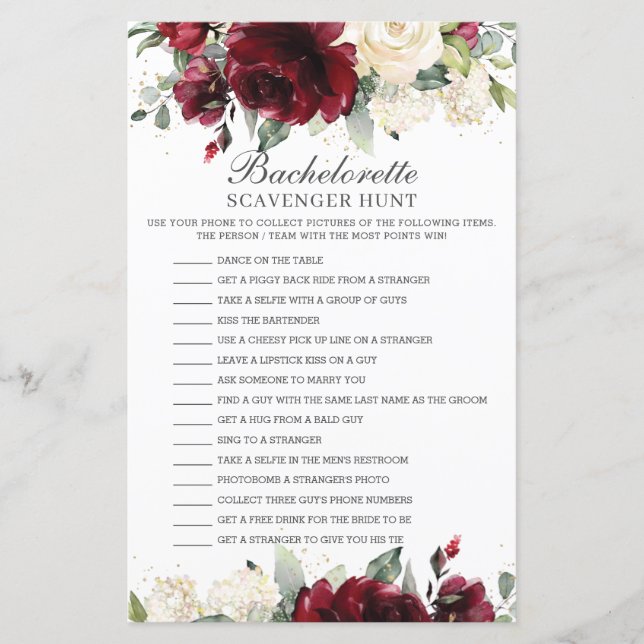 Burgundy Floral Bachelorette Scavenger Hunt (Frente)