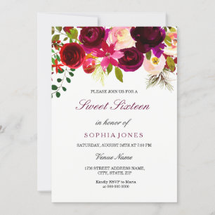 Burgundy Floral Boho Sweet 16 Convite