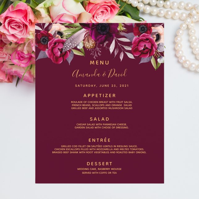 Burgundy, floral de cor d'água do menu Casamento (Criador carregado)