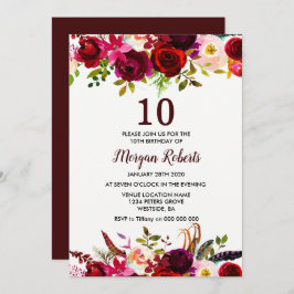 Burgundy Floral Elegant 10th Convite para Festas d