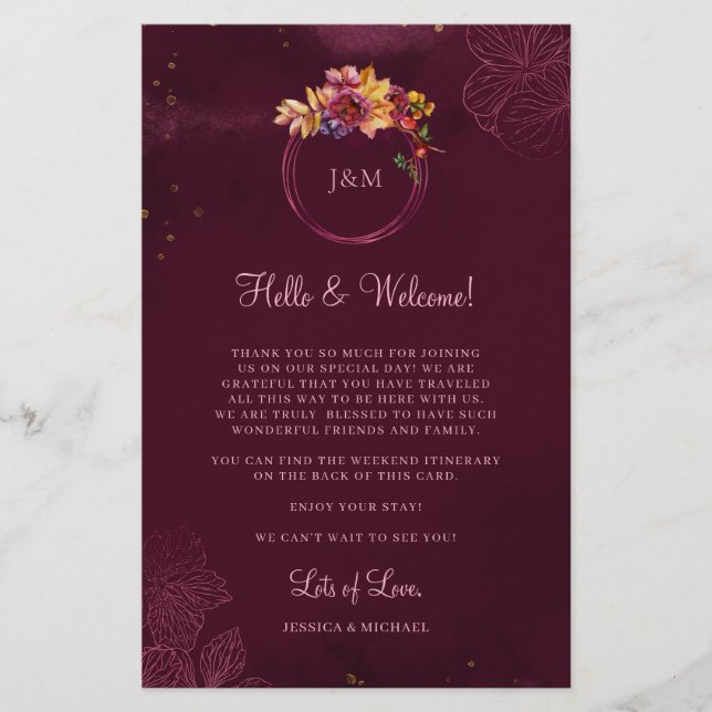 Burgundy Floral Elegant Wedding Itinerário (Frente)