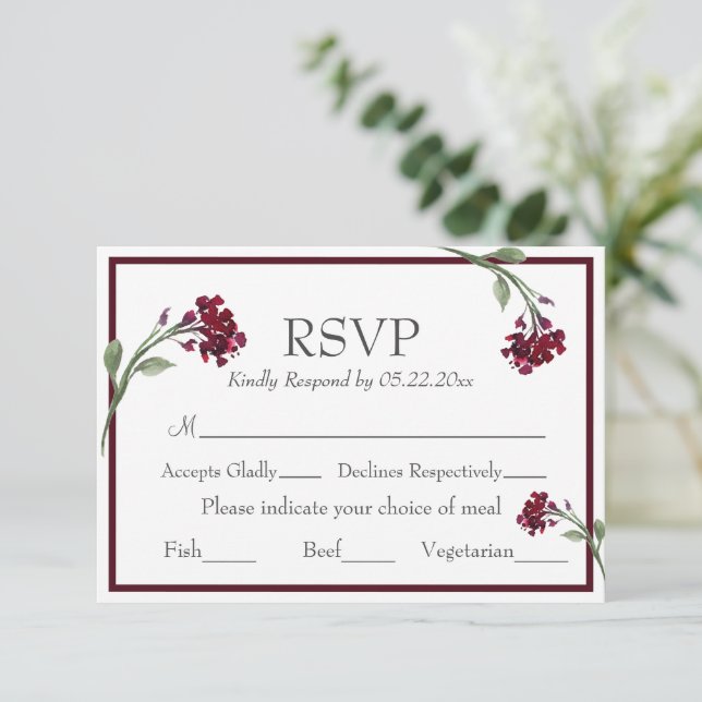 Burgundy Floral Elegante Russo Watercolor RSVP (Em pé/Frente)
