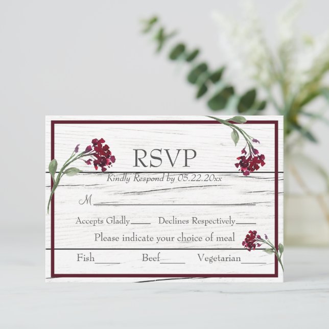 Burgundy Floral Elegante Russo Watercolor RSVP (Em pé/Frente)