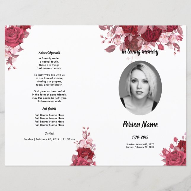 Burgundy Floral Funeral Program Modelo (Frente)