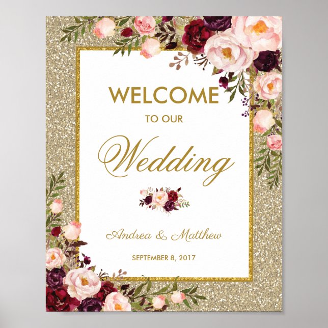 Burgundy Floral Glitter Weding Poster (Frente)