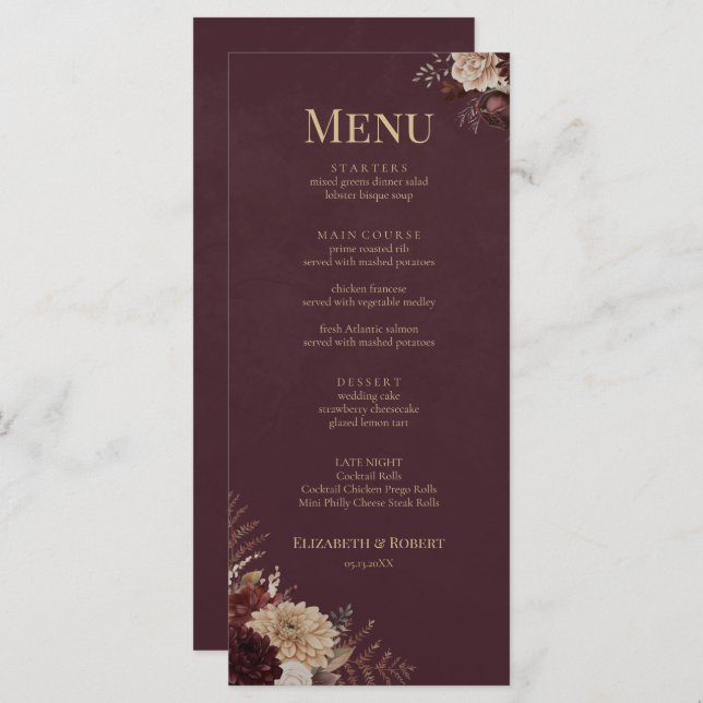 Burgundy Floral Gothic Wedding Menu (Frente/Verso)