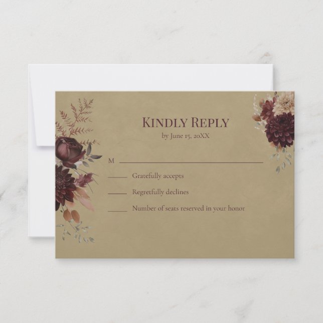 Burgundy Floral Gothic Wedding RSVP Card (Frente)