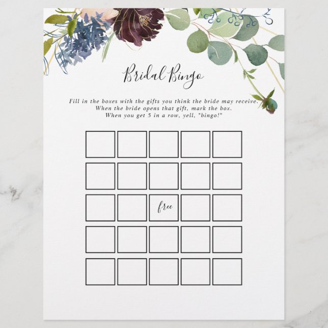 Burgundy Floral Greenery Bridal Bingo Jogo (Frente)