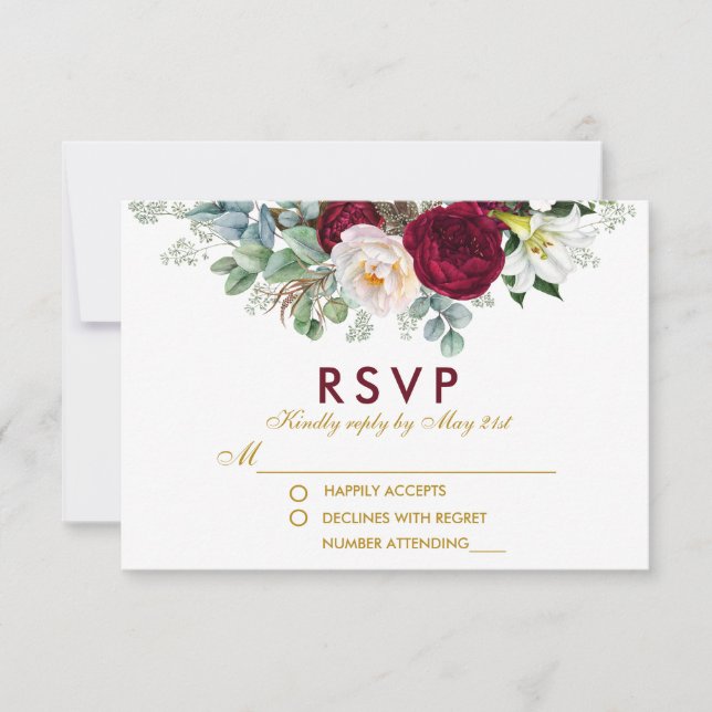 Burgundy Floral Greenery Dourado Casamento RSVP (Frente)